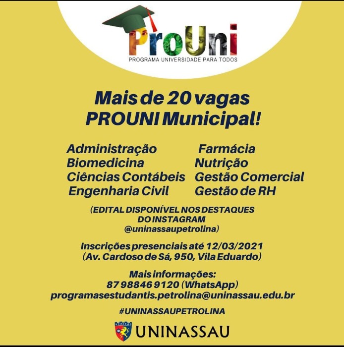 UNINASSAU Petroina oferta bolsas pelo ProUni Municipal