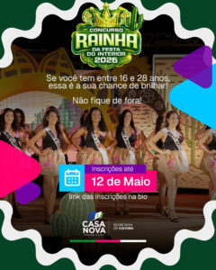 Inscrições abertas: concurso rainha da festa do interior 2026 com R$ 12 mil em prêmios