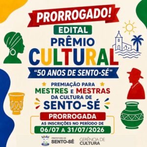 Prefeitura de Sento-Sé prorroga inscrições do Prêmio Cultural “50 Anos de Sento-Sé” até 31 de julho