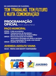 Juazeiro celebra 148 anos com trio elétrico e show de Edcity Fantasmão nesta quarta-feira (15)